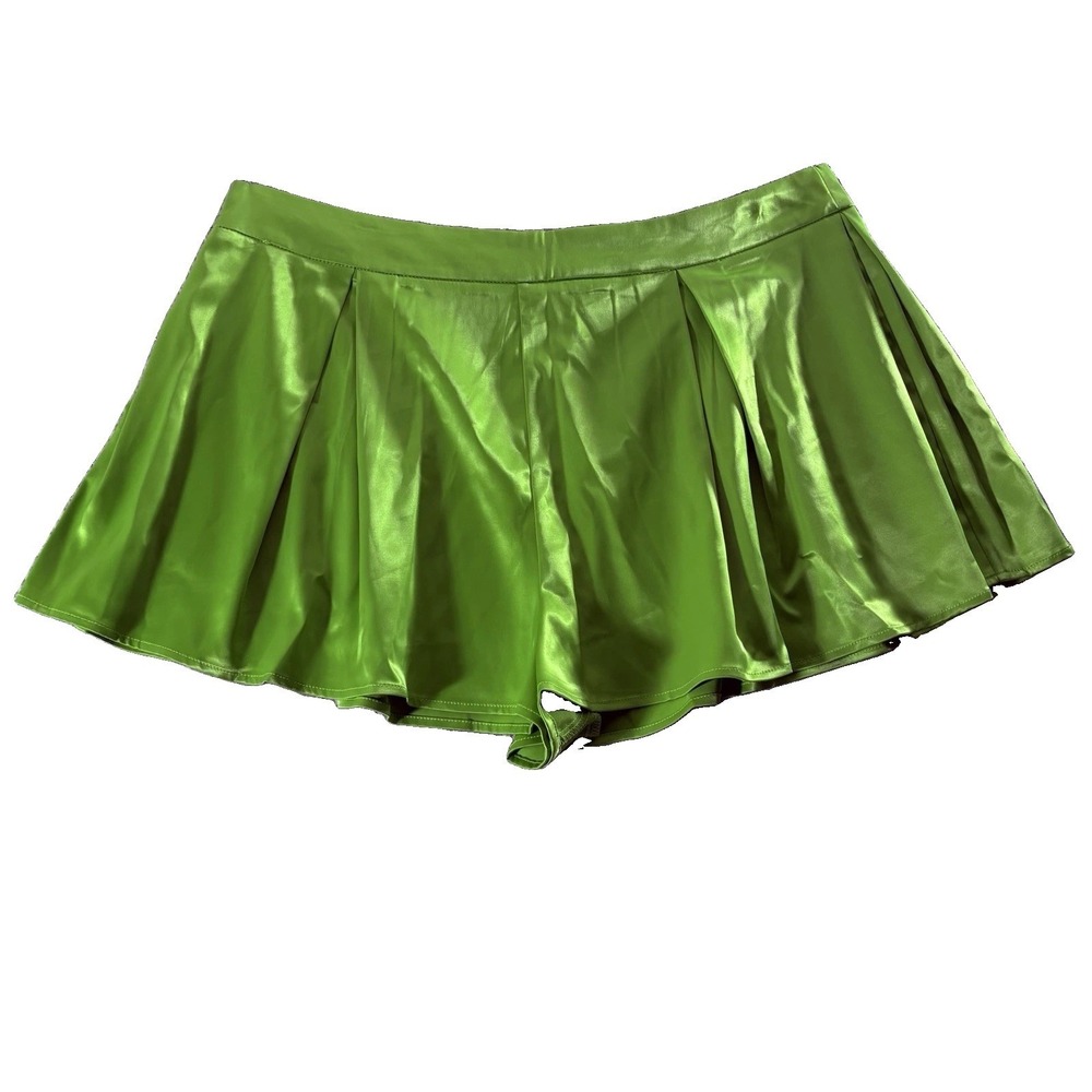Womens Lime Green Satin Skort XXL Pleated Flare Y2K Festival Mini Shorts